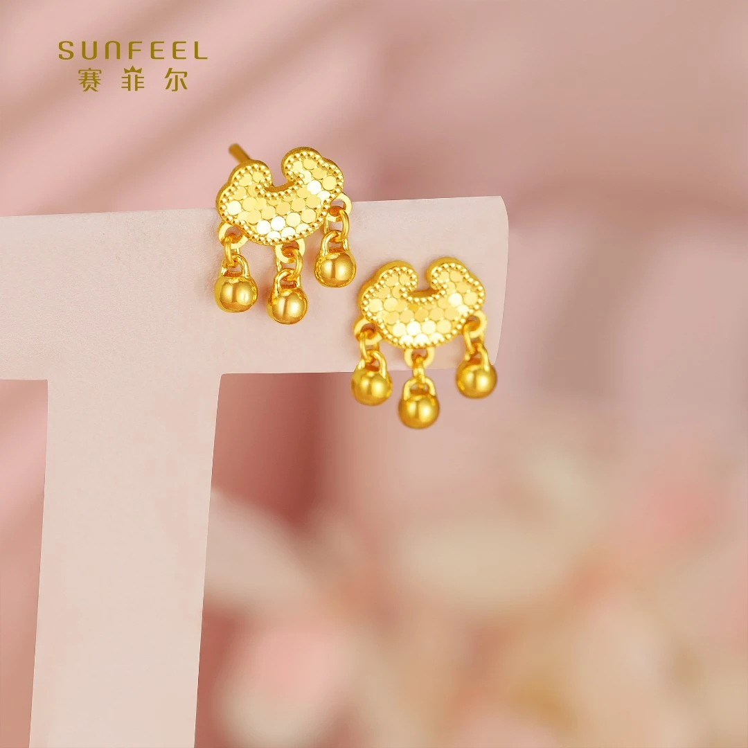 SUNFEEL/赛菲尔【四店】足金闪光金锁片直针耳钉吊HR01010939