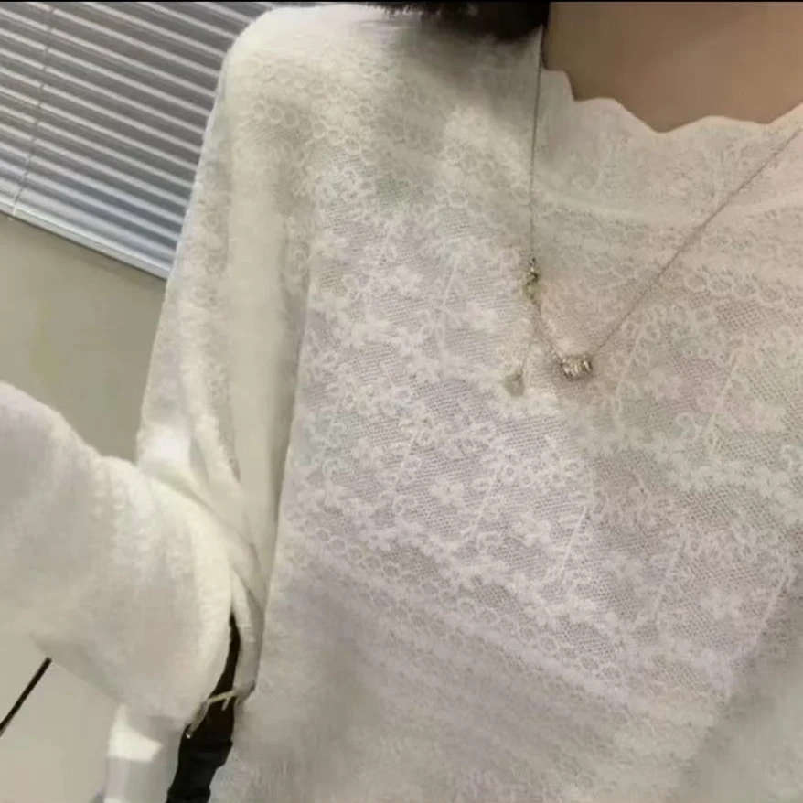 巴素兰羊毛提花公主荷叶袖薄款长袖软糯小立领打底针织衫女