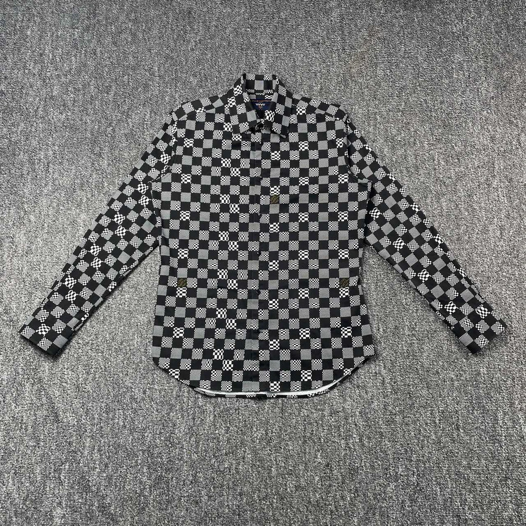 99新 LouisVuitton/路易威登 4528黑色Logo印花格子长袖衬衫/L码
