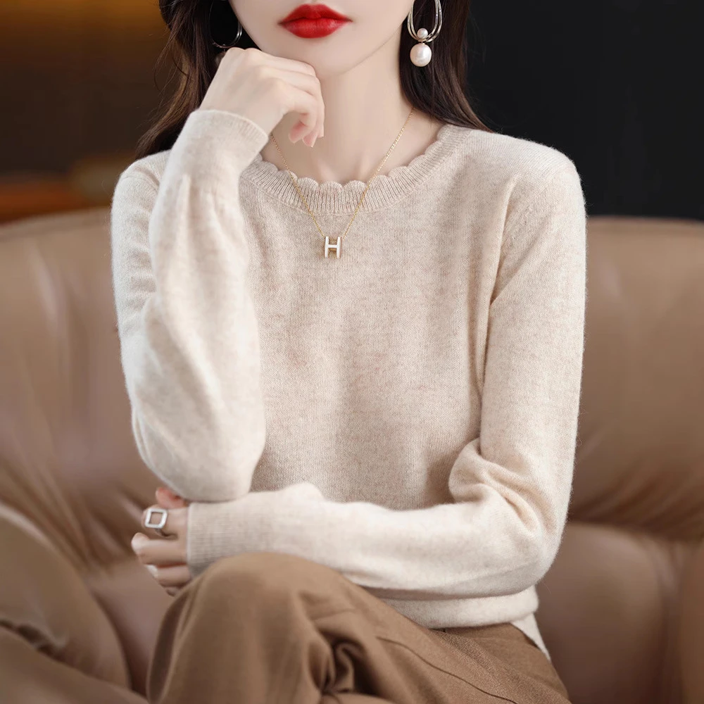 专柜同款品牌品正折扣花边圆领打底衫女2024年秋冬毛衣长袖针织衫