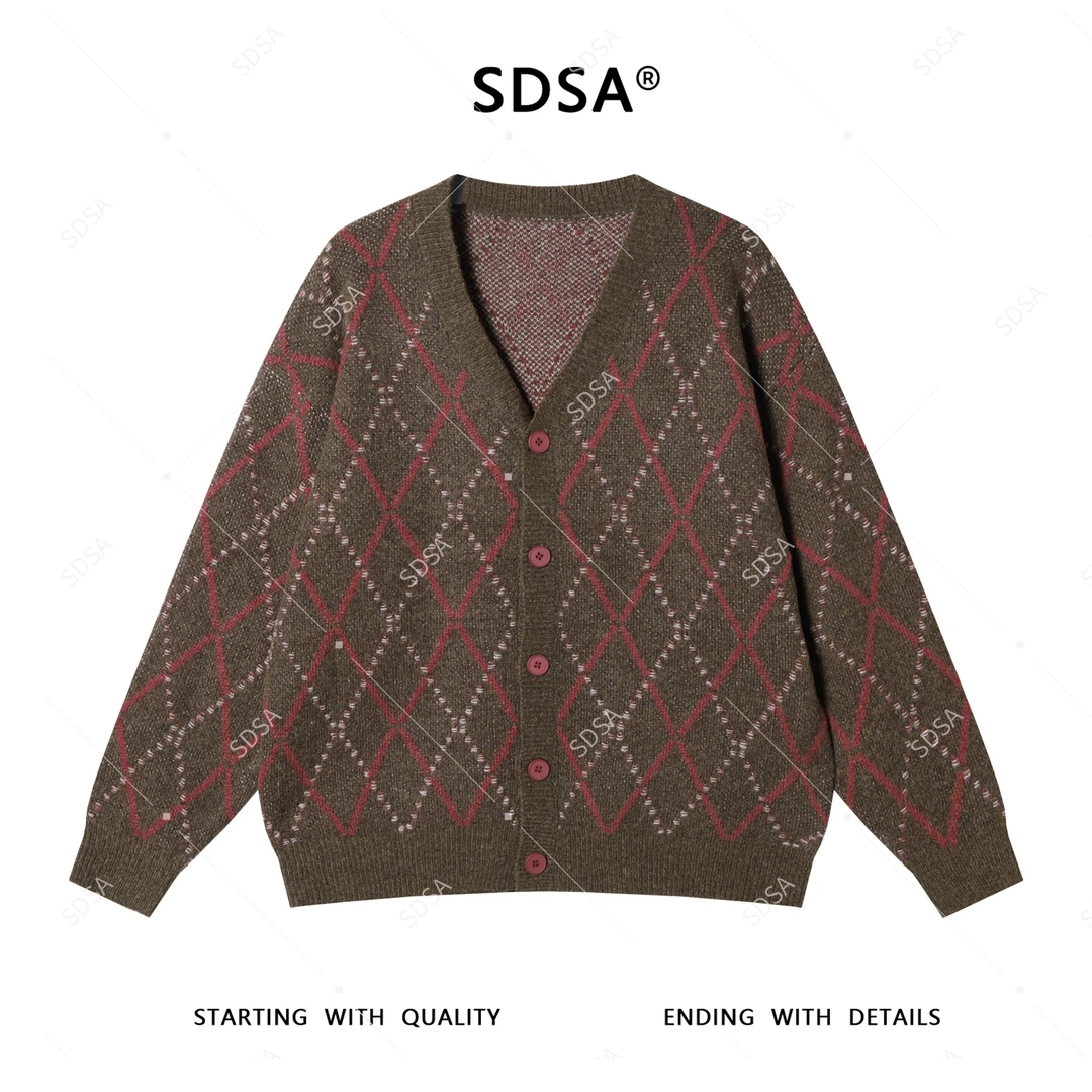 SDSA男士2025新款轻奢痞帅男装撞色菱形V领开衫针织毛衣纽扣开衫