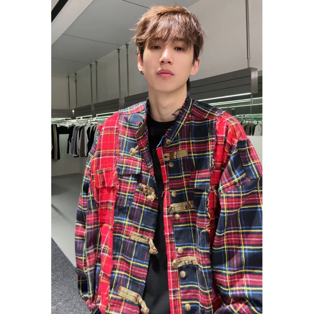 聪明陈 新中式小众格子衬衫男春季拼接做旧情侣外套潮30104