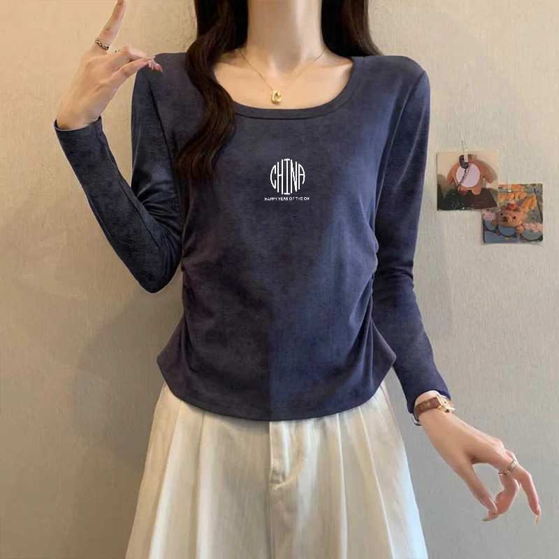 方领纯棉扎染正肩长袖t恤女早秋收腰辣妹风短款U领打底衫内搭上衣