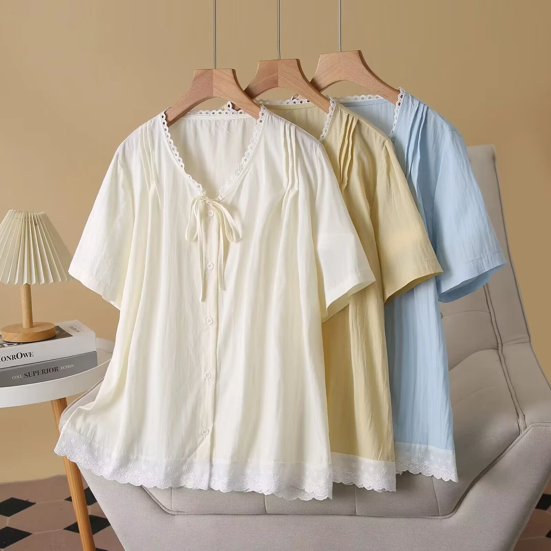 大码女装甜美减龄蕾丝花边短袖衬衫夏季胖mm宽松遮肉小衫上衣016