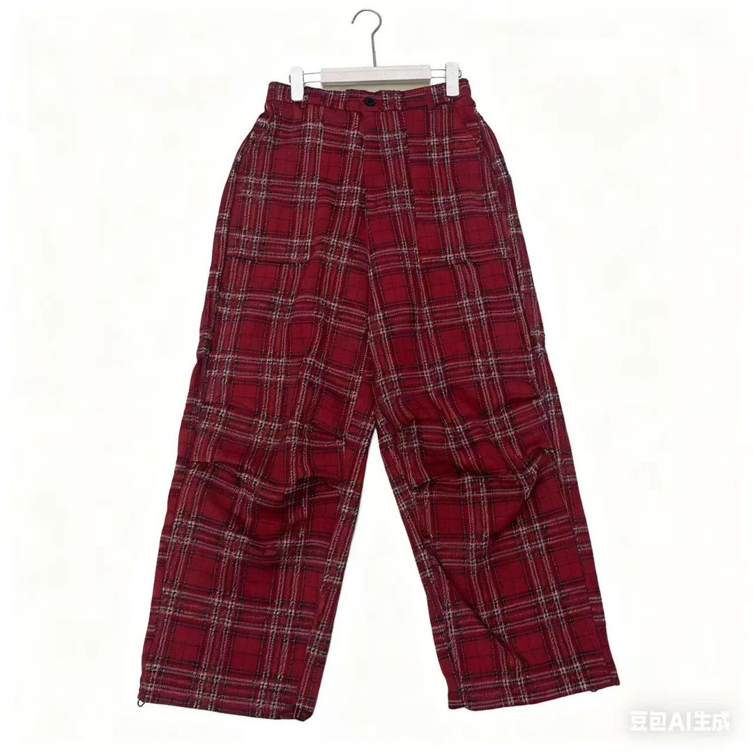6123高腰设计师款新款直筒裤毛格子休闲百搭格子裤