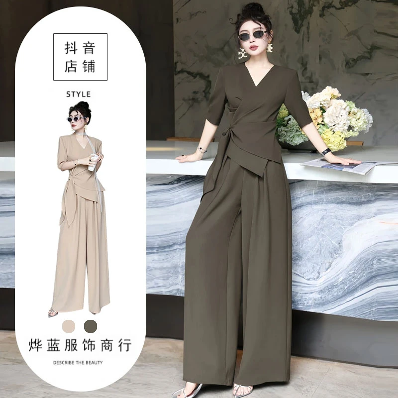 高级感洋气套装2025夏季新款大码气质V领绑带上衣阔腿裤两件套女