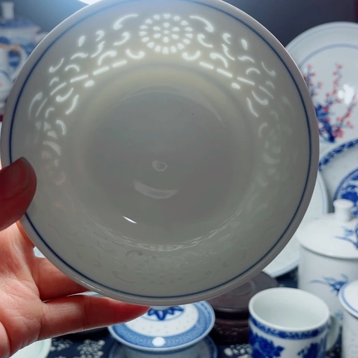 青花玲牡5寸饭碗满雕双福双线11个布*