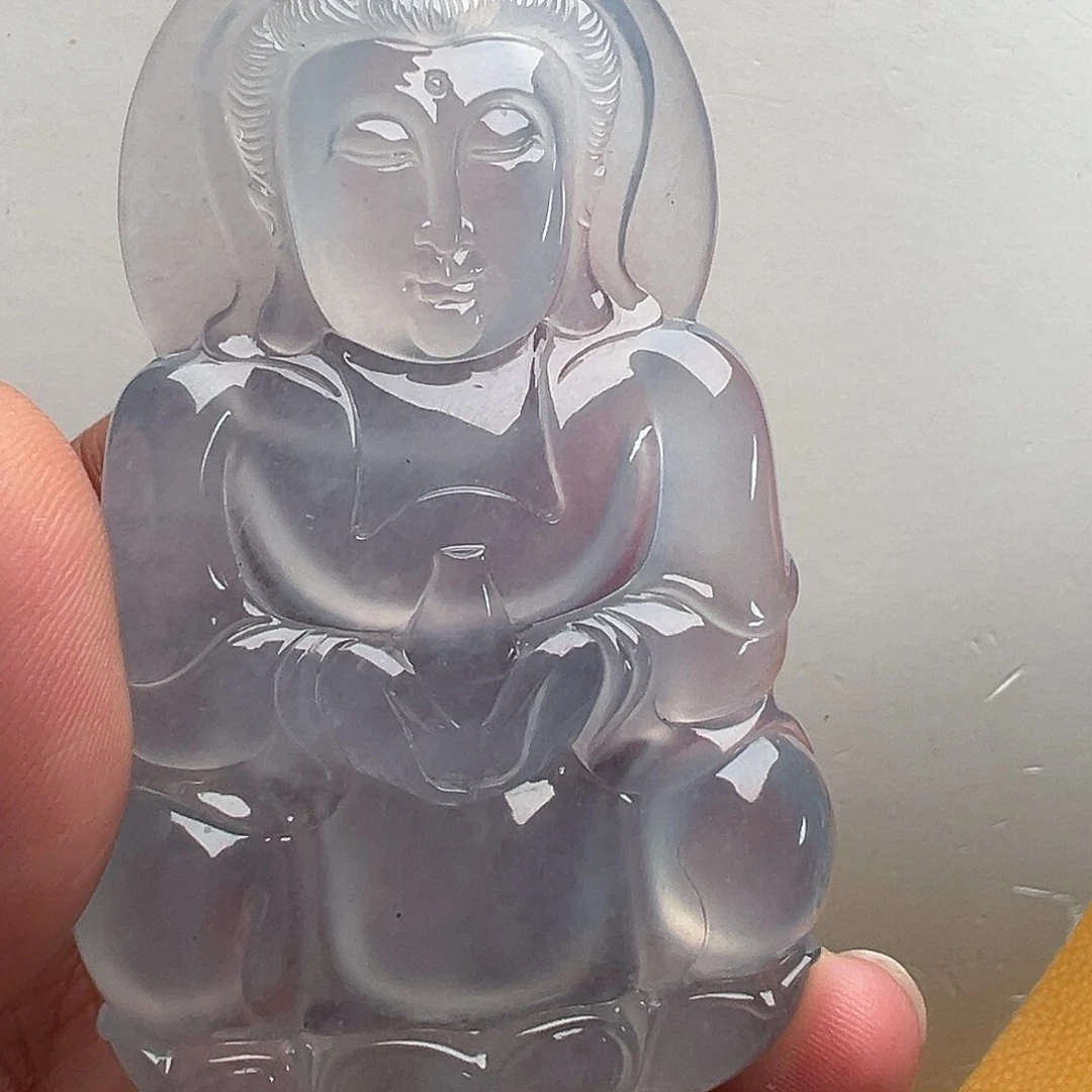 柔***乖翡翠未镶嵌颈饰高冰蓝紫底厚装观音