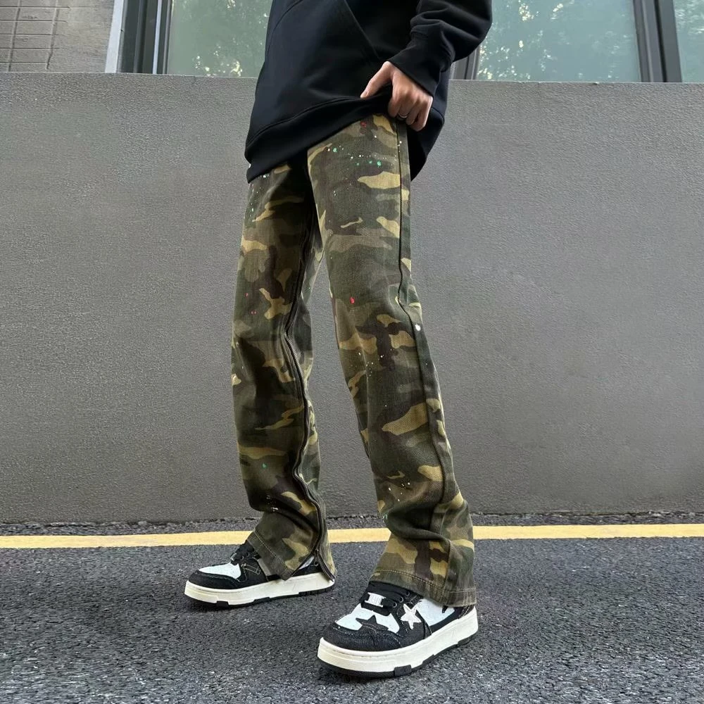 5002迷彩工装牛仔裤男美式潮牌直筒裤高街ins宽松阔腿长裤