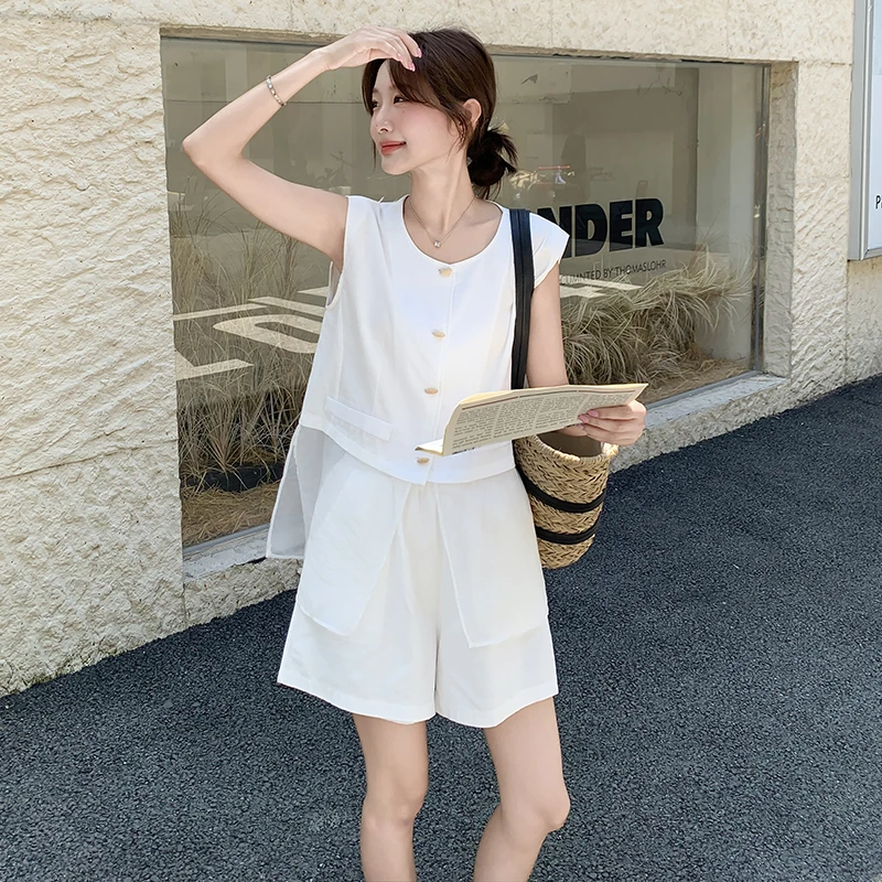 Y1313#白色套装女夏新款老钱风高级感麻料网纱拼接马甲短裤两件套