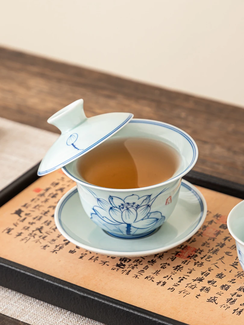 复古手绘荷花盖碗大容量三才釉下彩陶瓷中式泡茶茶具茶盖碗纯手工