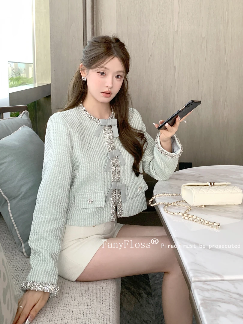 小香风设计感蝴蝶结钉钻条纹编织短外套女亮丝粗花呢洋气长袖上衣