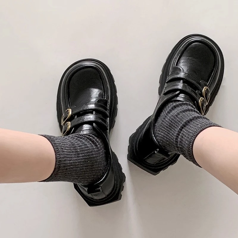 小个子粗高跟小皮鞋女2025春秋新款厚底增高英伦风配裙子乐福单鞋