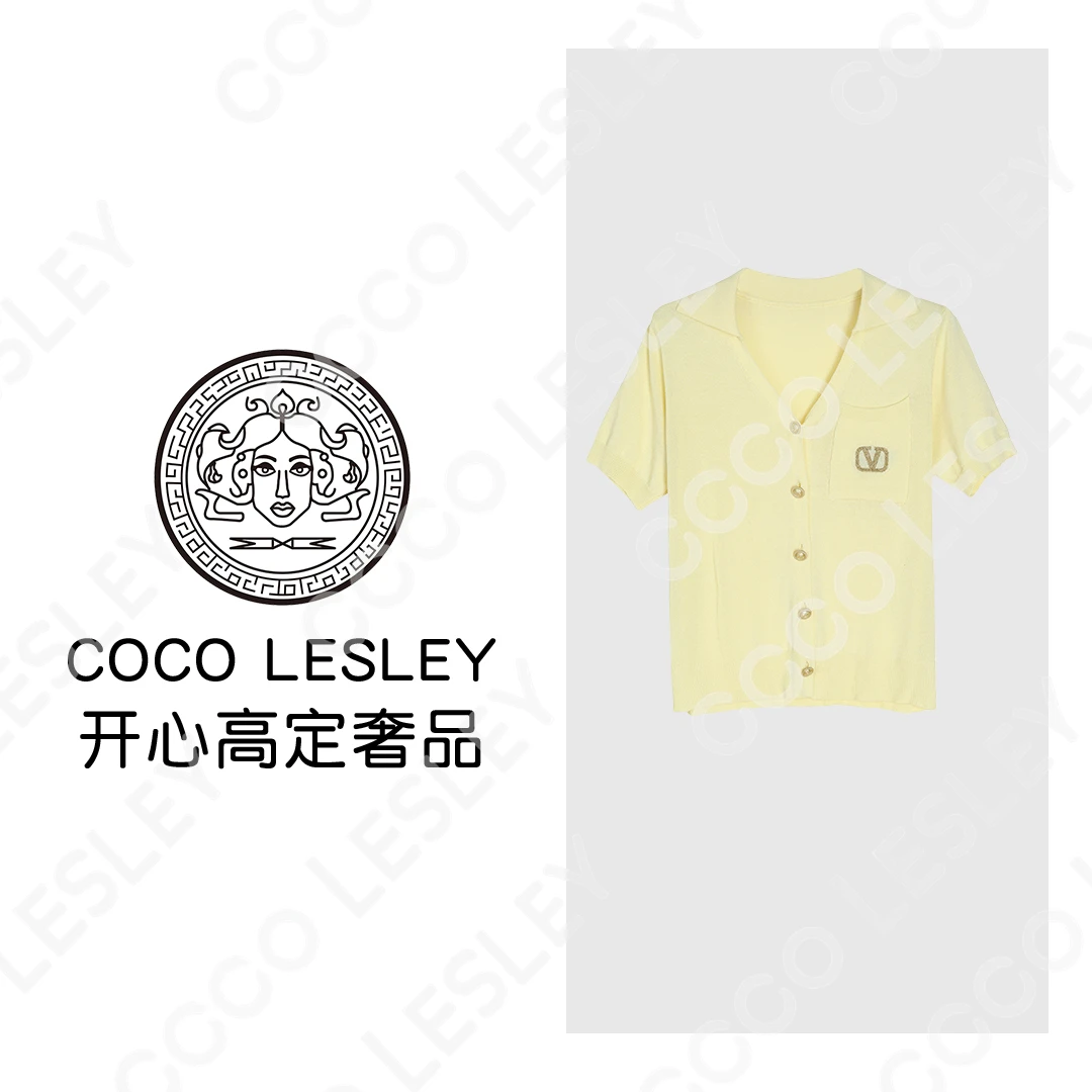 【COCO LESLEY】重工轻奢短袖毛衣刺绣字母宽松套头翻领套头针织衫