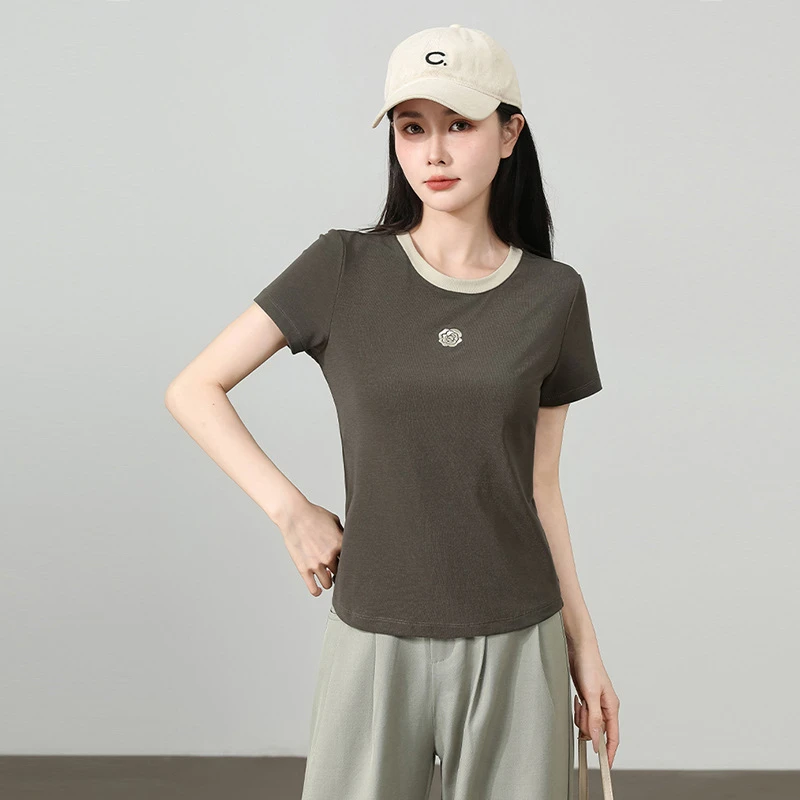 山茶花刺绣撞色T恤短袖2025夏新款百搭显瘦体恤正肩打底上衣女