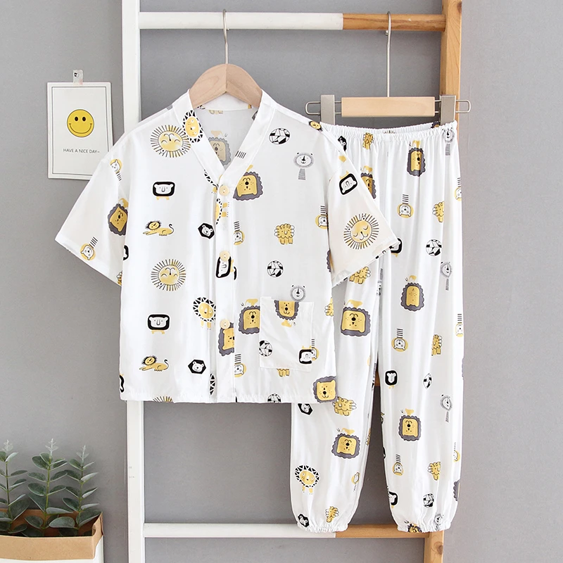 夏季棉绸儿童睡衣女童男童空调服薄款灯笼裤孩宝宝绵绸套装家居服