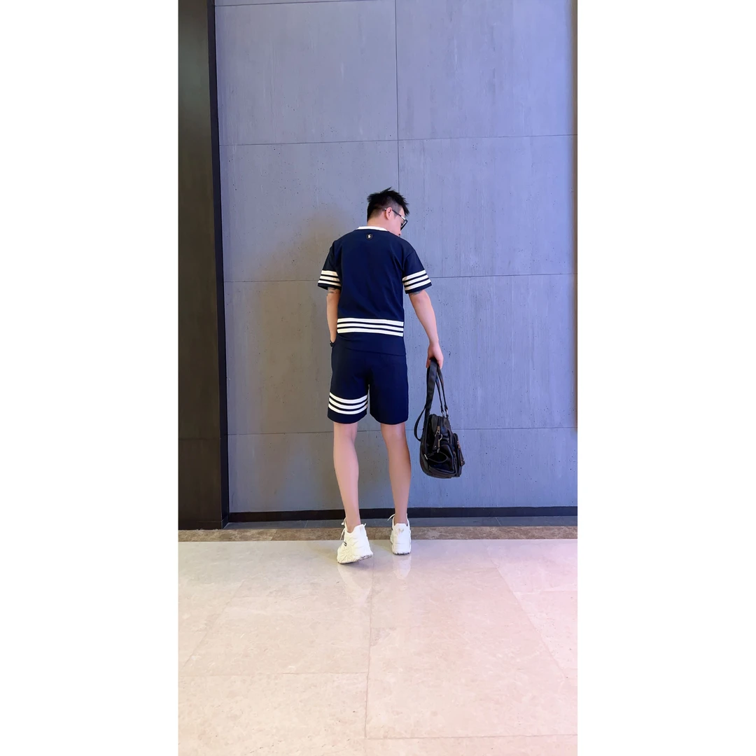 25夏季男士新款短袖短裤套装小众轻奢简约立体拼接刺绣时尚针织套