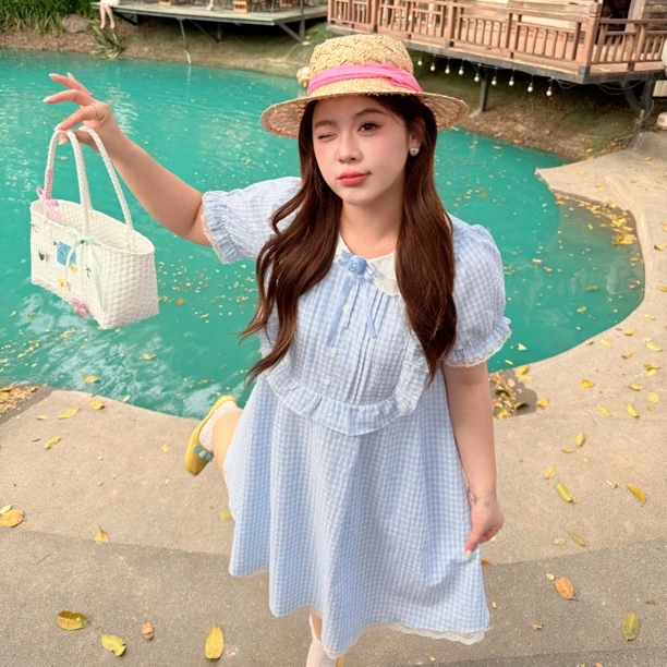 茉莉奶蓝｜大码胖mm设计感小众可爱裙子蓝色格子连衣裙女夏季甜内