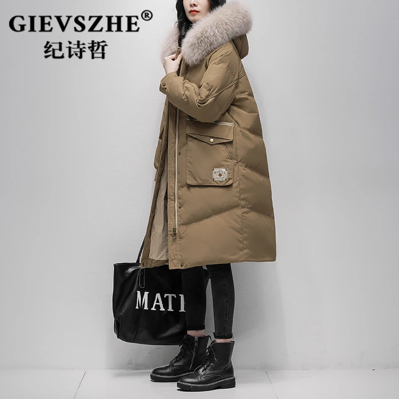 纪诗哲爆款卡其色羽绒服女2025冬季新款时尚大毛领过膝加厚外套女