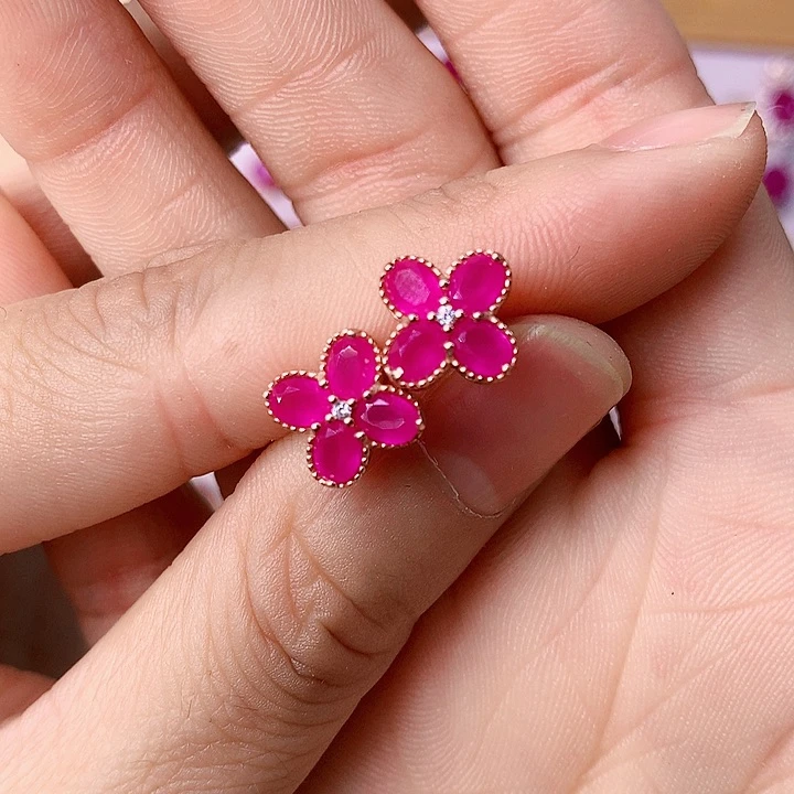 红宝石耳饰银S925镶嵌