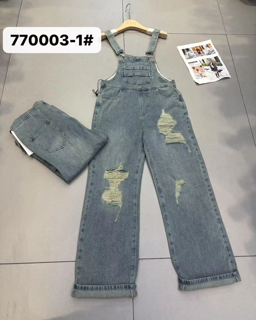 【破洞直筒裤# 】减龄高腰牛仔背带裤女时尚宽松休闲连体阔腿裤