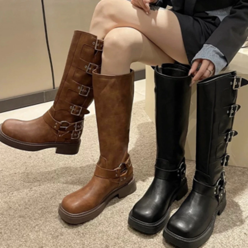 6175真皮马丁靴冬季女复古美拉德高筒皮带扣方头骑士靴长筒靴休闲