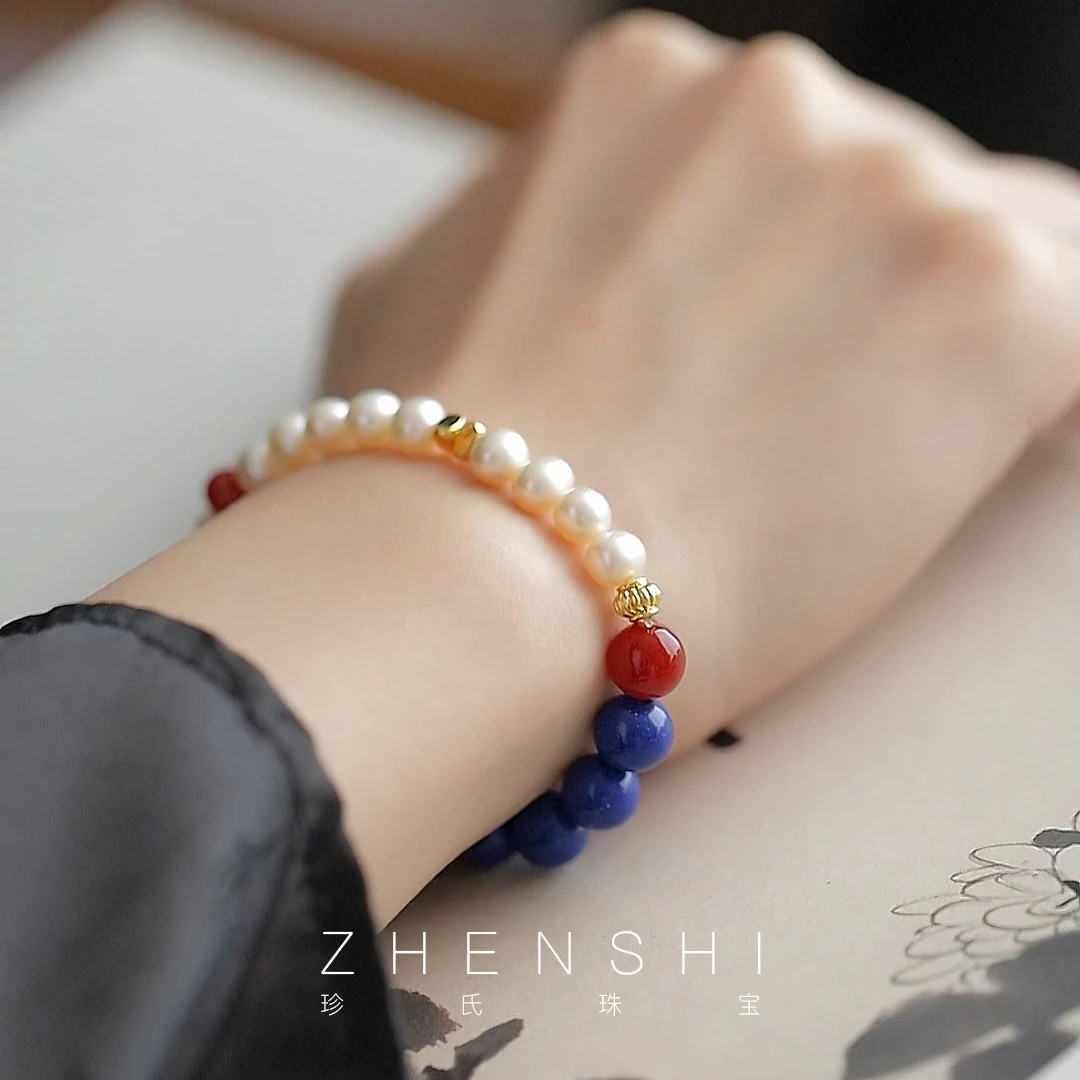 珍氏珠宝天然淡水珍珠手链女款 新中式气质蓝晶石玛瑙手饰（蓝烟）