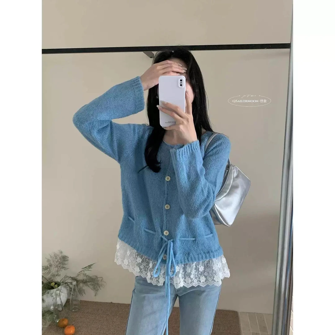 韩系甜美蕾丝拼接针织开衫女春季气质毛衣4501