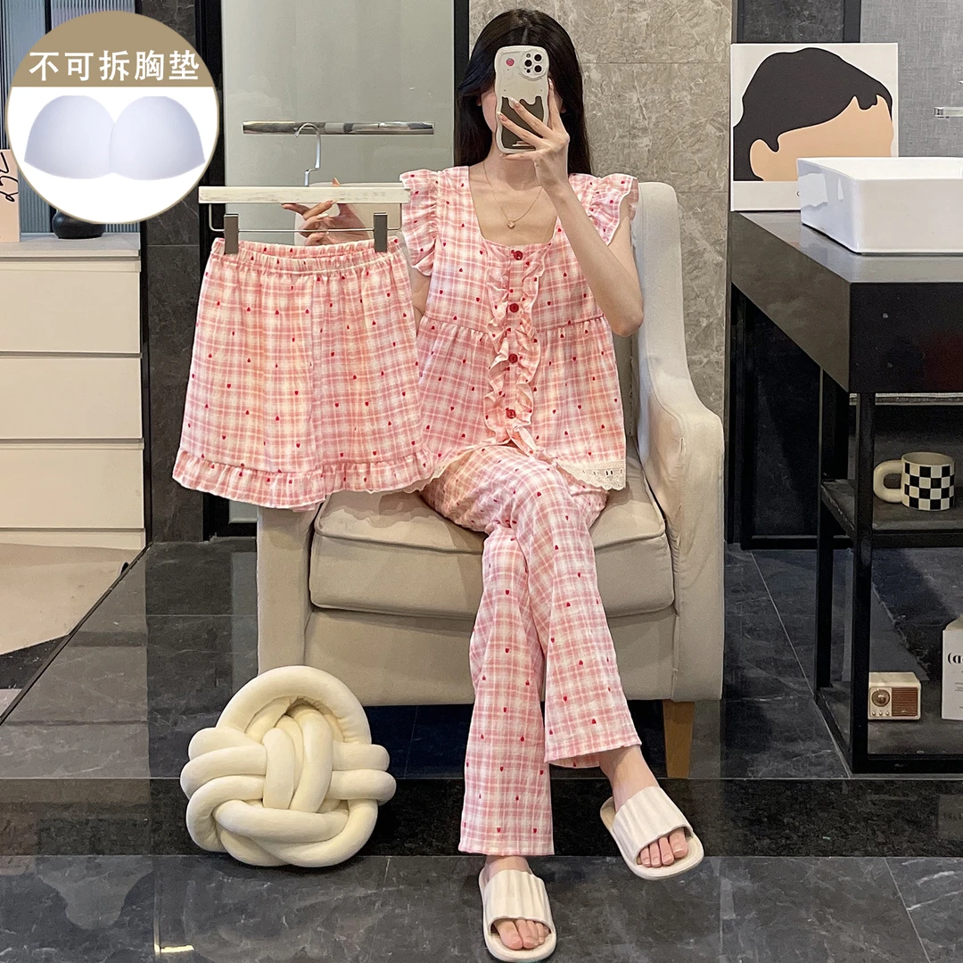 飞袖睡衣女简约带胸垫夏季粉色格子甜美性感吊带短裤三件套家居服