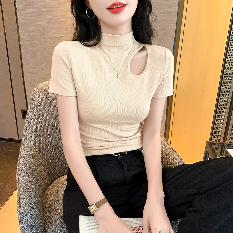VOCKOO半高领短袖t恤女夏季2025新款镂空修身打底衫内搭设计感