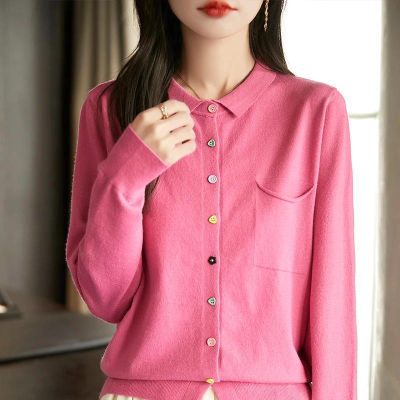 哥弟阿玛施正品春秋POLO领羊毛针织开衫外穿显瘦翻领时尚百搭上衣