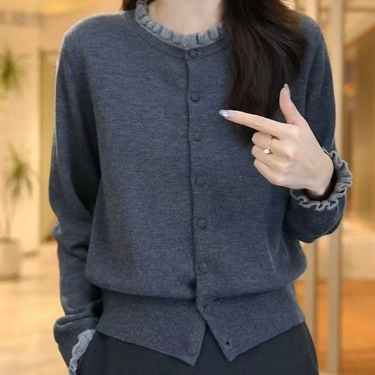 秋冬木耳边时尚花边秋季2025针织新款设计开衫长袖毛衣外套上衣