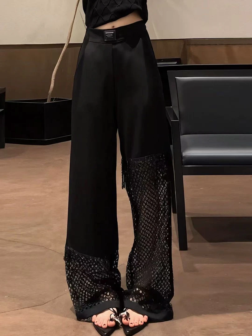 （浠儿姐姐）黑色镂空网格流苏钉珠休闲裤女夏季直筒气质宽松西装裤
