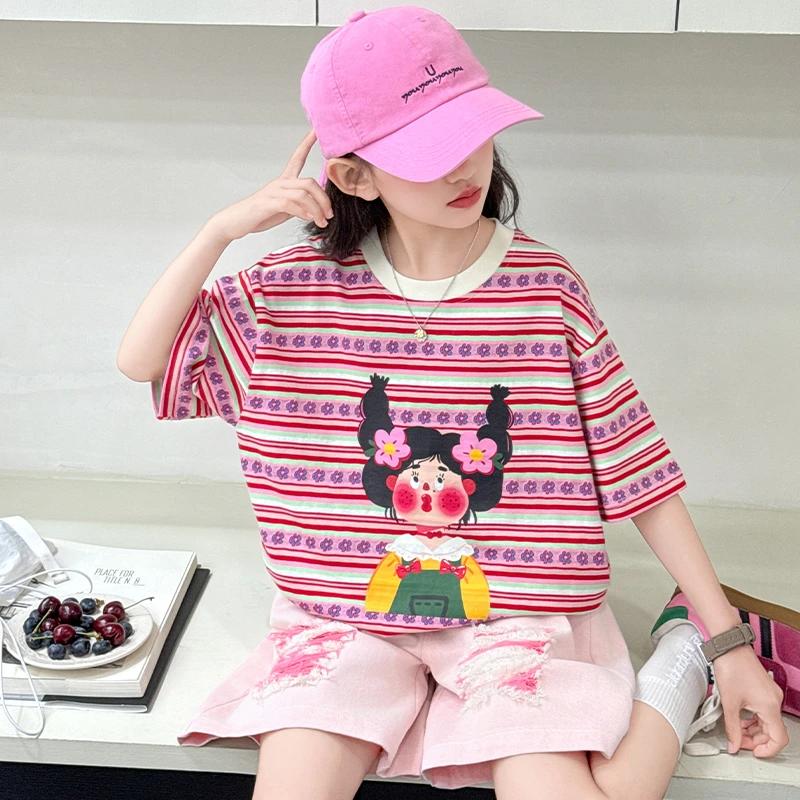 女童夏装2025新款韩版时髦条纹宽松休闲T恤牛仔破洞短裤两件套潮