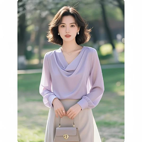 女士2025新款春季重要场合小衫通勤穿搭紫色荡领长袖衬衫法式上衣