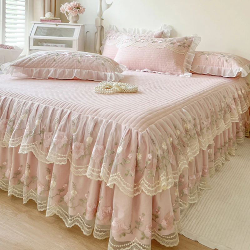 超柔花边蕾丝床罩公主床裙单件夹棉加厚韩版防滑床单床盖床上用品