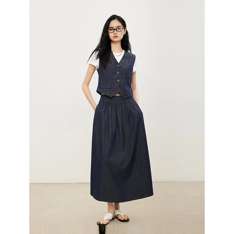 牛仔马甲上衣+牛仔半身裙时尚套装女夏季显瘦中长款G52031T7072