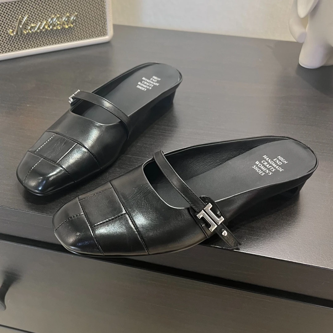 Shoe牛皮/2CM高货牛皮粗跟凉拖懒人包头半拖鞋女真皮穆勒鞋9266