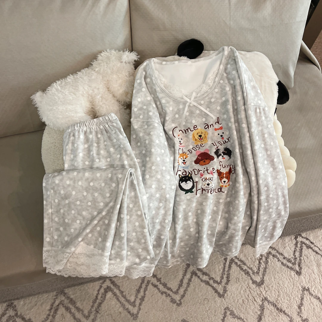 睡衣女秋冬季25新款德绒长袖保暖大码可外穿圆点春两件套装家居服