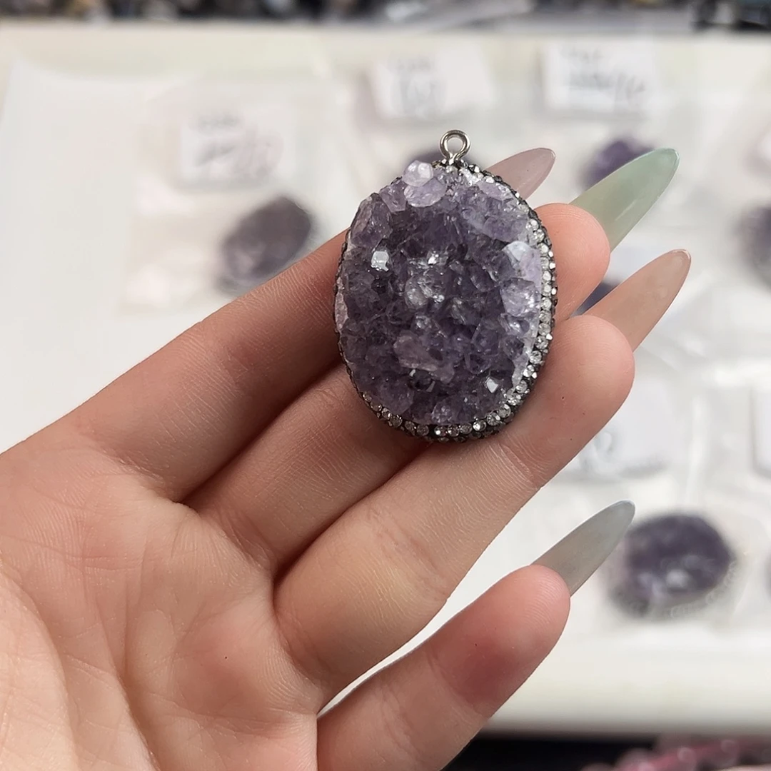 未镶嵌玛瑙/玉髓珠宝半成品A322 天然紫水晶椭圆吊坠