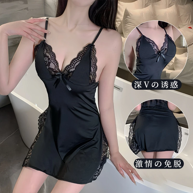内衣纯欲蕾丝吊带裙深V免脱性感小胸睡衣女qqny夏季纯欲风薄款