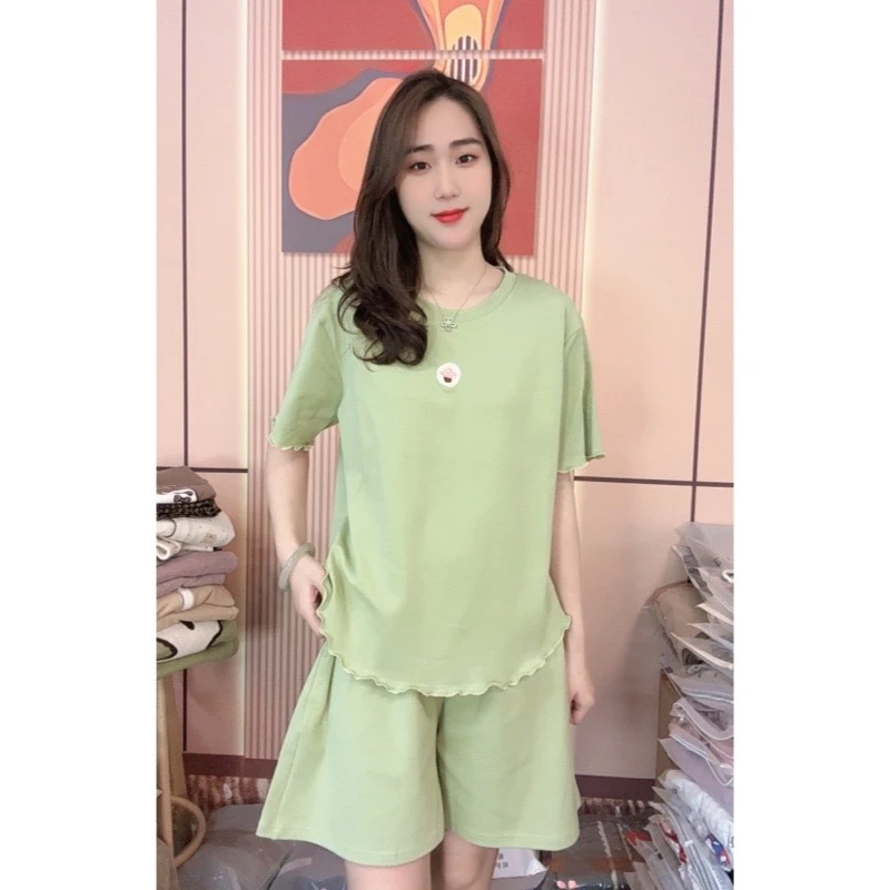 睡衣女夏季新款纯棉短袖短裤清新休闲家居服套装（嫩绿色）