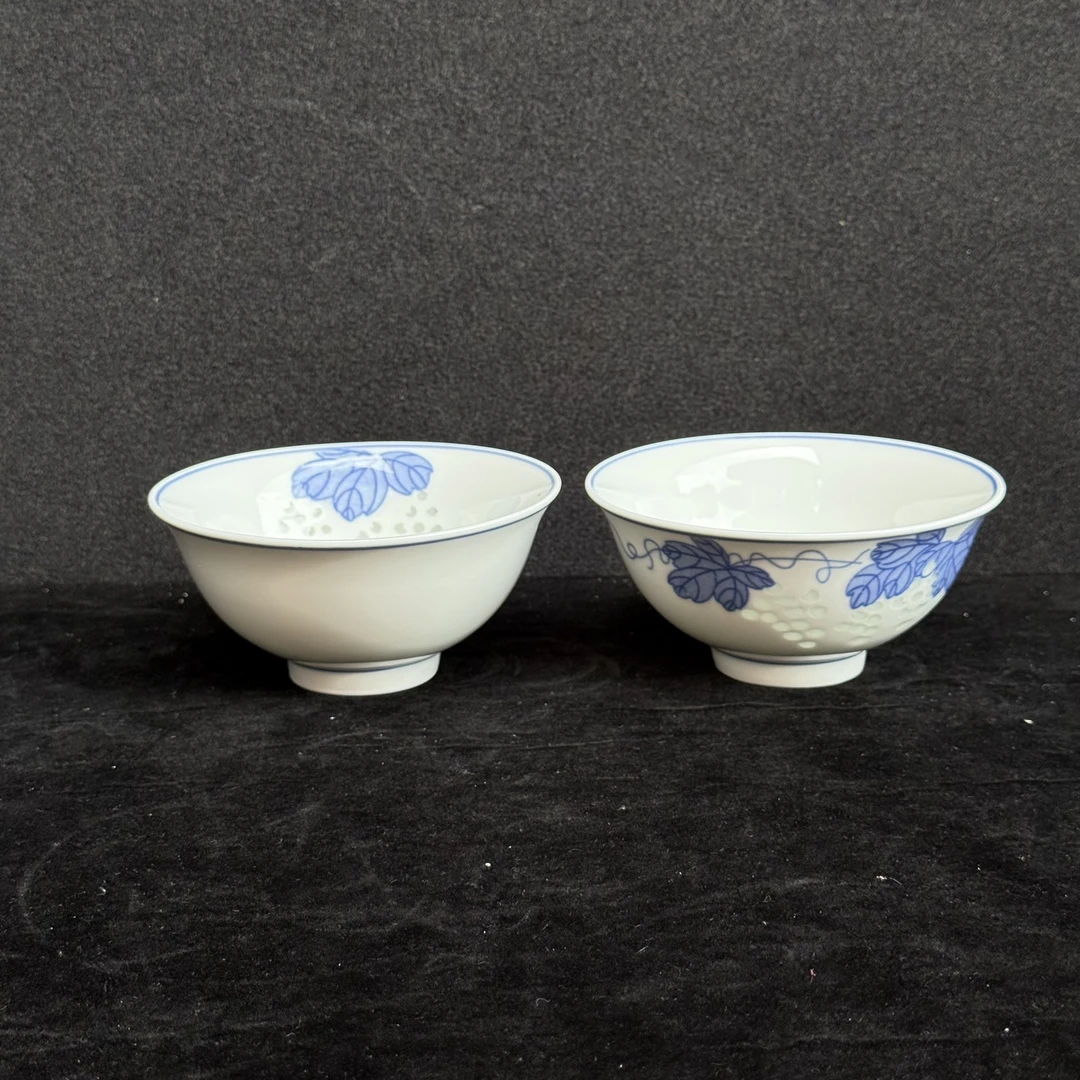 【到手2只】景德镇6寸5寸4.5寸葡萄碗光明厂青花釉下彩饭碗茶碗陶瓷