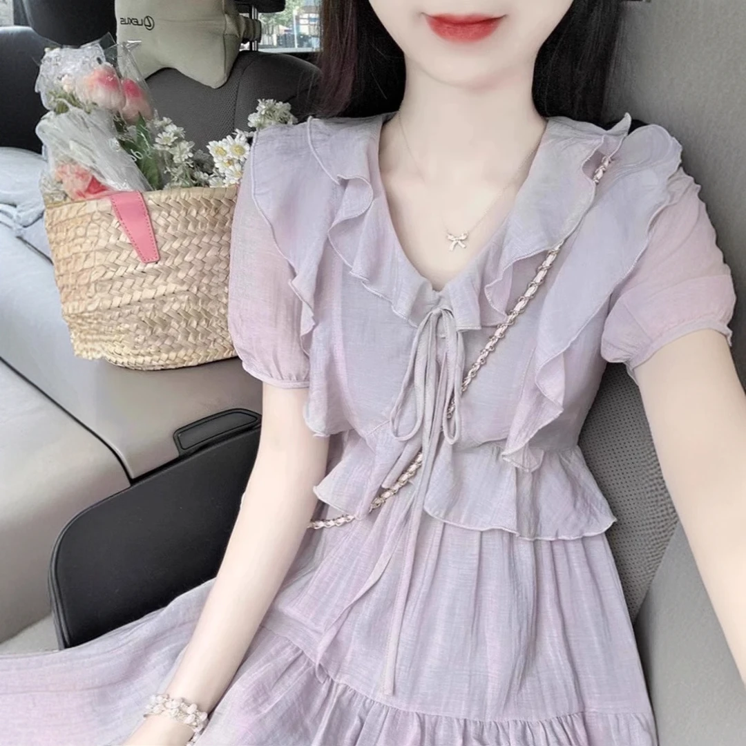 大码茶歇法式泡泡袖雪纺连衣裙女夏季胖mm高级感收腰显瘦紫色长裙