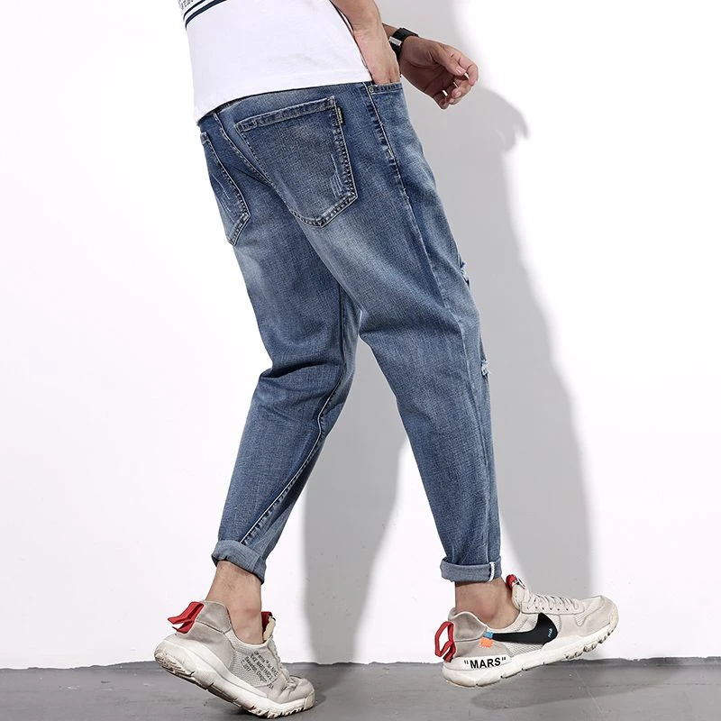 破洞男九分裤弹力直筒牛仔裤潮流修身男士百搭哈伦裤弹力