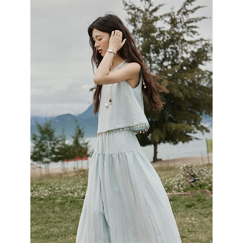 谜秀蓝色贝壳流苏背心+半身裙女两件套2025夏季设计感圆领背心裙