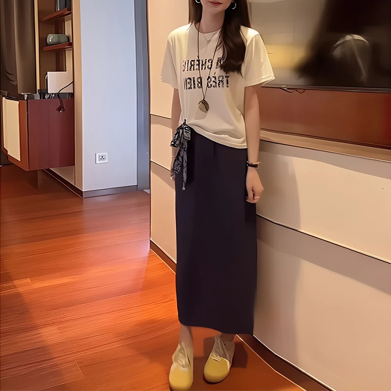 一整套ootd穿搭套装韩系字母印花配丝巾短袖T恤中长款半裙两件套