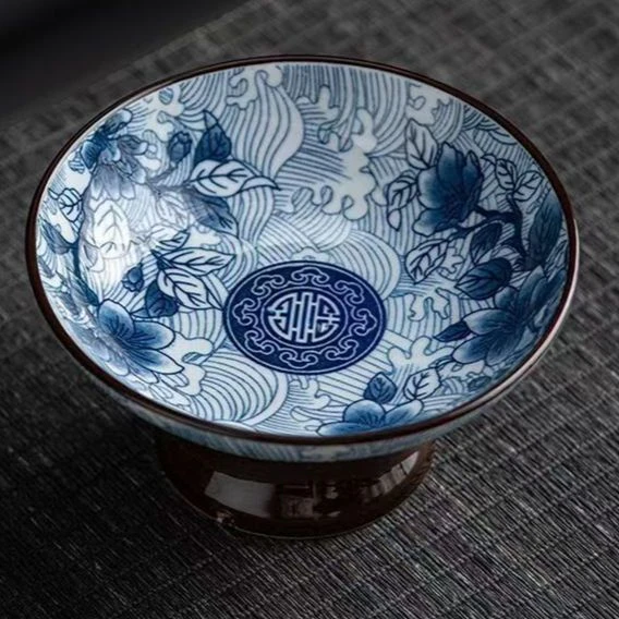 复古青花中式茶点盘高脚水果盘小碟子中式零食点心干果碗陶瓷盘yw