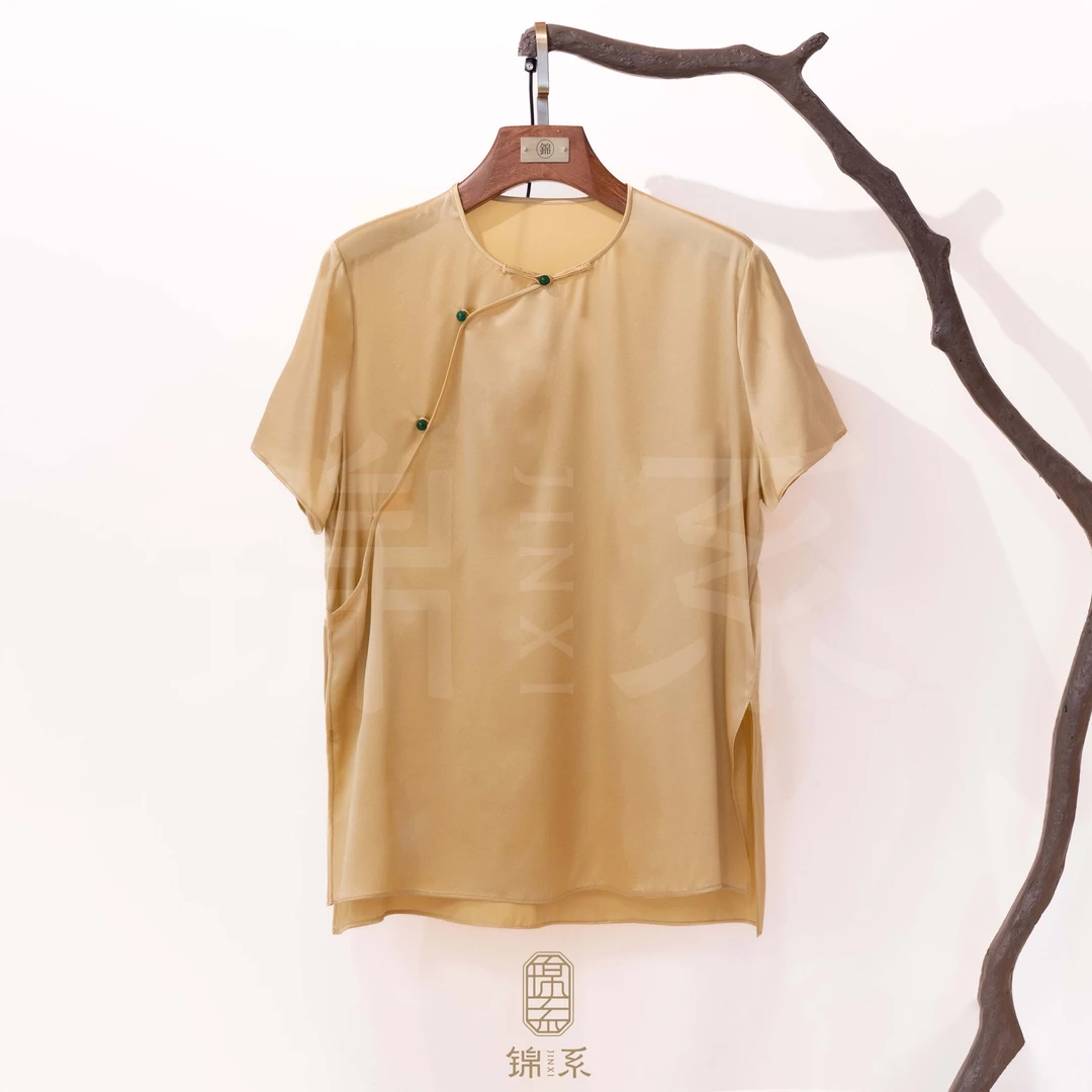 【锦系】真丝弹力缎新中式国风桑蚕丝圆领斜襟短袖上衣C-383023