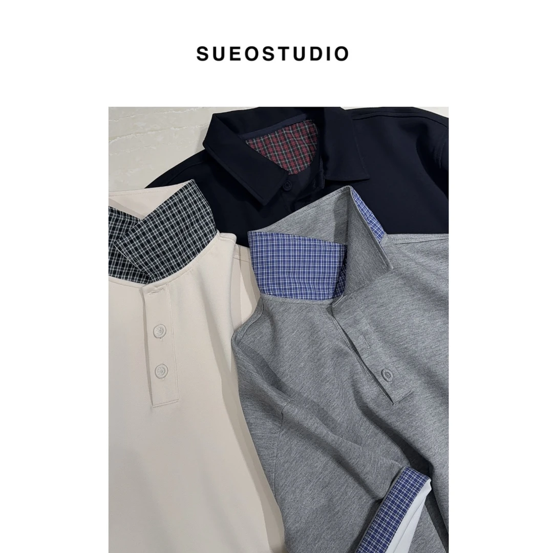 SUEO【MIU系·POLO】 格子撞色 棉质混纺简约百搭微廓形翻领T恤